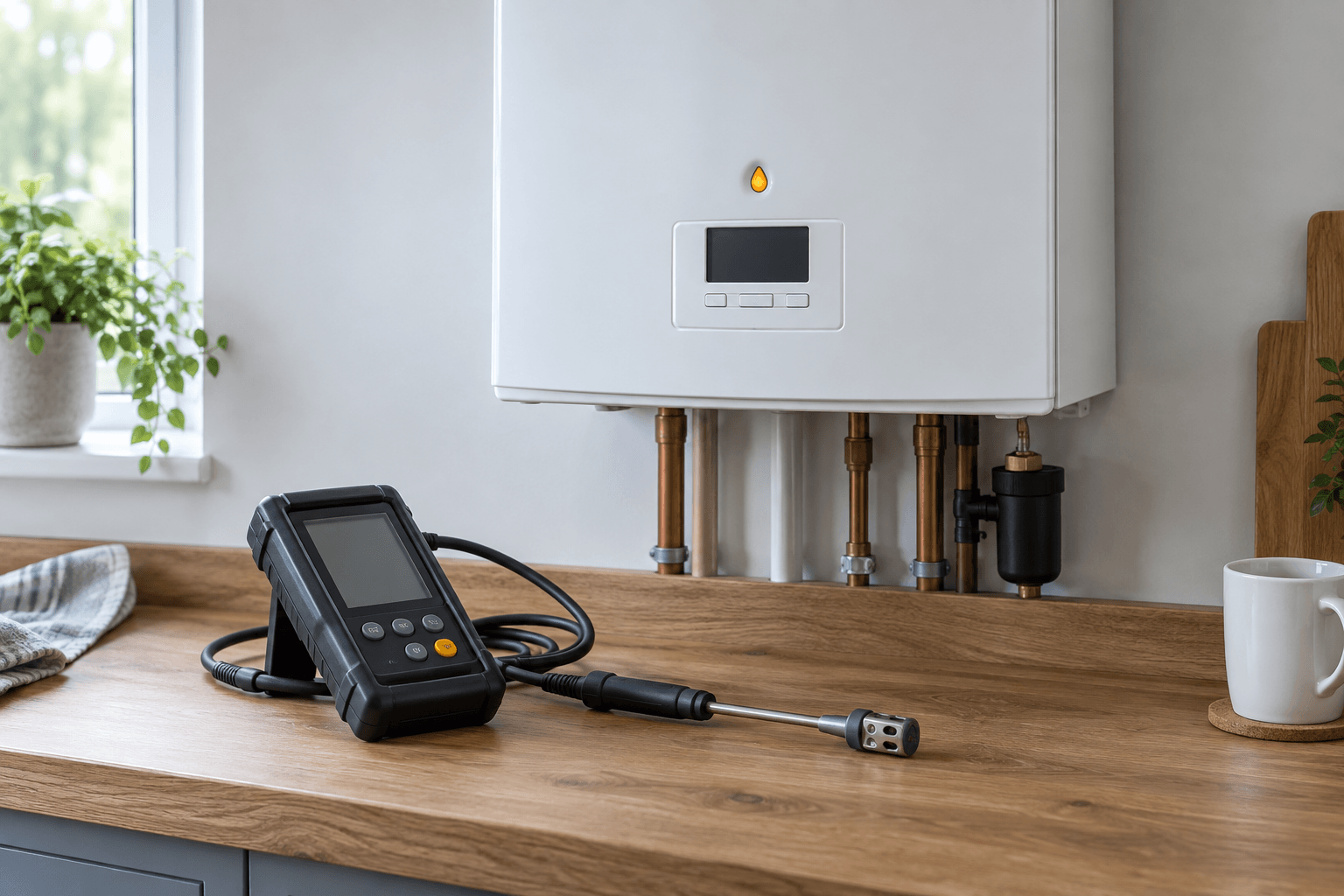 Illustration of a boiler engineer's diagnostic equipment beside a closed boiler before a service or repair.
